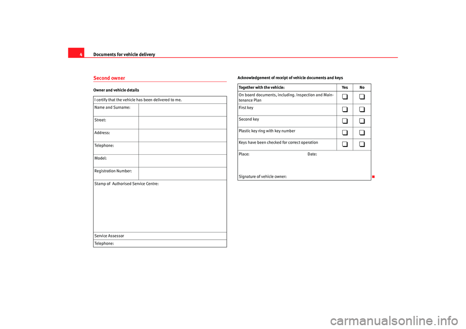Seat Ibiza 5D 2005 Maintenance programme Documents for vehicle delivery
4
Second ownerOwner and vehicle details
Acknowledgement of receipt of vehicle documents and keys
I certify that the vehicle has been delivered to me. Name and Surname: S Seat Ibiza 5D 2005 Maintenance programme Documents for vehicle delivery
4
Second ownerOwner and vehicle details
Acknowledgement of receipt of vehicle documents and keys
I certify that the vehicle has been delivered to me. Name and Surname: S