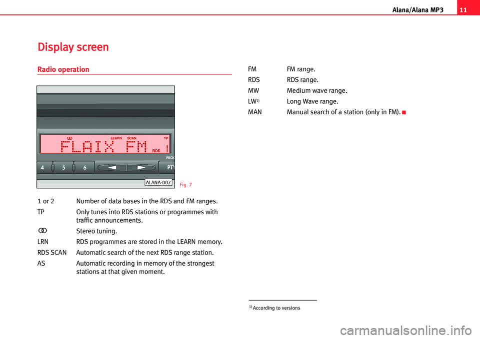 Seat Ibiza 5D 2005  Radio System ALANA 11
A lana/Alana MP3
Radio operation
1 or 2 Number of data bases in the RDS and FM ranges.
TP Only tunes into RDS stations or programmes with
traffic announcements.
Stereo tuning.
LRN RDS programmes ar