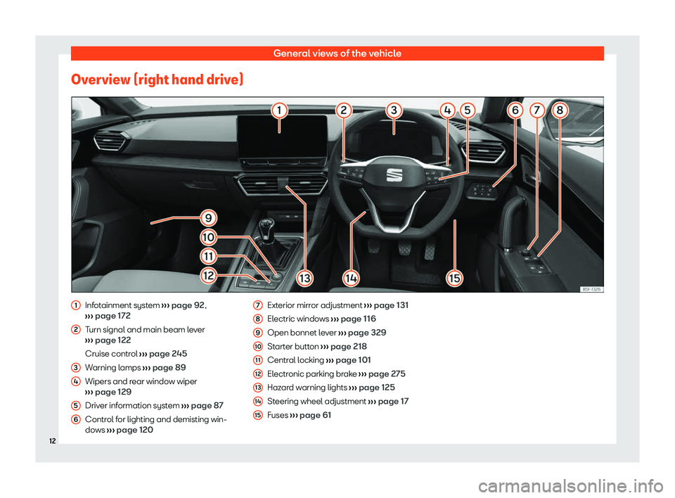 Seat Leon 2020  Owners manual General views of the vehicle
Overview (right hand drive) Infotainment system 
››
› page 92
,
›››  page 172
Turn signal and main beam lever
›››  page 122
Cruise control  ››› pag