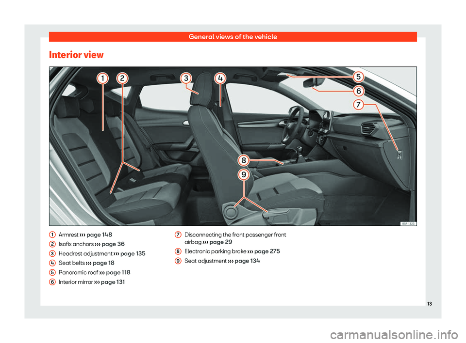 Seat Leon 2020  Owners manual General views of the vehicle
Interior view Armrest 
››
› page 148
Isofix anchors  ››› page 36
Headrest adjustment  ››› page 135
Seat belts  ››› page 18
Panoramic roof  ››�