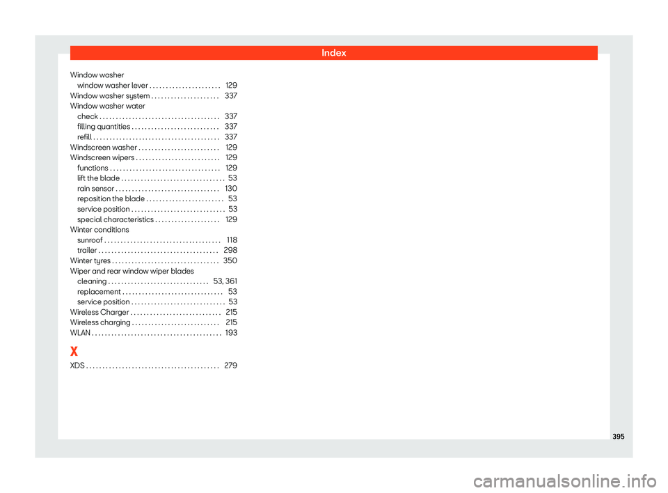 Seat Leon 2020  Owners manual Index
Window washer windo w w
asher lever . . . . . . . . . . . . . . . . . . . . . . 129
Window washer system . . . . . . . . . . . . . . . . . . . . . 337
Window washer water check . . . . . . . . .