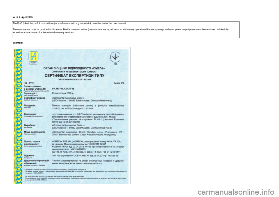 Seat Leon 2020  Directive 2014/53/EU All_platforms_Kombi_analogic as of 1. April 2019The DoC (Ukrainian, in full or short form) or a reference to it, e.g. as weblink, must be part of the user manual. The user manual must be provided in Ukrainian. Beside common value