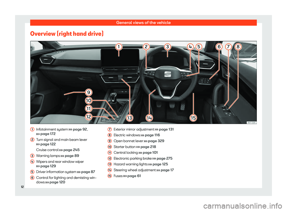 Seat Leon Sportstourer 2020 User Guide General views of the vehicle
Overview (right hand drive) Infotainment system 
››
› page 92
,
›››  page 172
Turn signal and main beam lever
›››  page 122
Cruise control  ››› pag