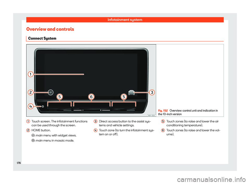 Seat Leon Sportstourer 2020  Owners manual Infotainment system
Overview and controls Connect Syst em Fig. 152 
Overview: control unit and indication in
the 10-inch v ersion Touch screen. The infotainment functions
can be used thr
ough the scr
