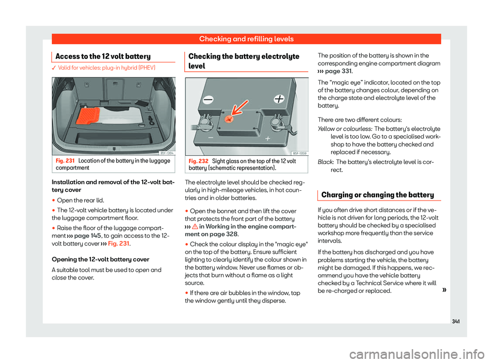 Seat Leon Sportstourer 2020  Owners manual Checking and refilling levels
Access to the 12 volt battery � V
alid for vehicles: plug-in hybrid (PHEV) Fig. 231 
Location of the battery in the luggage
compartment Installation and removal of the 1