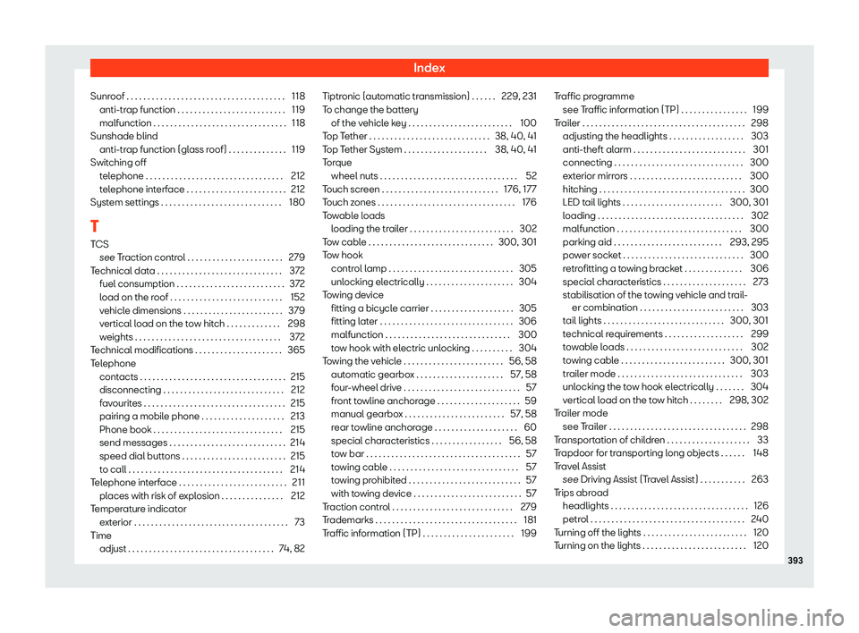 Seat Leon Sportstourer 2020 Owners manual Index
Sunroof . . . . . . . . . . . . . . . . . . . . . . . . . . . . . . . . . . . . . . 118 anti-tr ap function . . . . . . . . . . . . . . . . . . . . . . . . . .
119
malfunction . . . . . . . . . Seat Leon Sportstourer 2020 Owners manual Index
Sunroof . . . . . . . . . . . . . . . . . . . . . . . . . . . . . . . . . . . . . . 118 anti-tr ap function . . . . . . . . . . . . . . . . . . . . . . . . . .
119
malfunction . . . . . . . . .