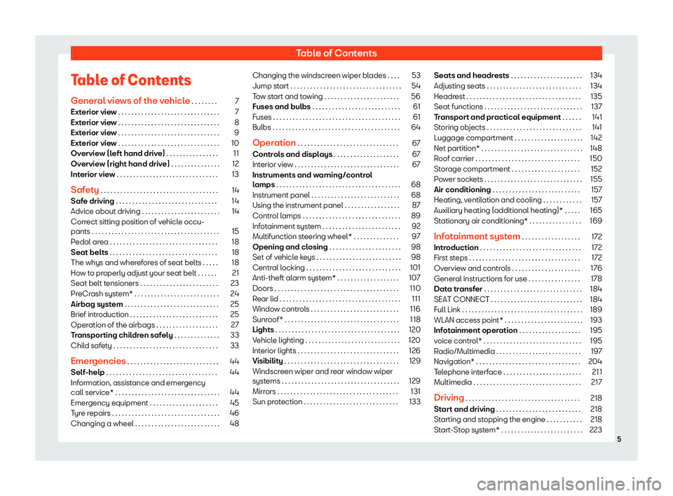 Seat Leon Sportstourer 2020  Owners manual Table of Contents
Table of Contents Gener al vie
ws of the vehicle . . . . . . . . 7
Exterior view . . . . . . . . . . . . . . . . . . . . . . . . . . . . . . . 7
Exterior view . . . . . . . . . . . .