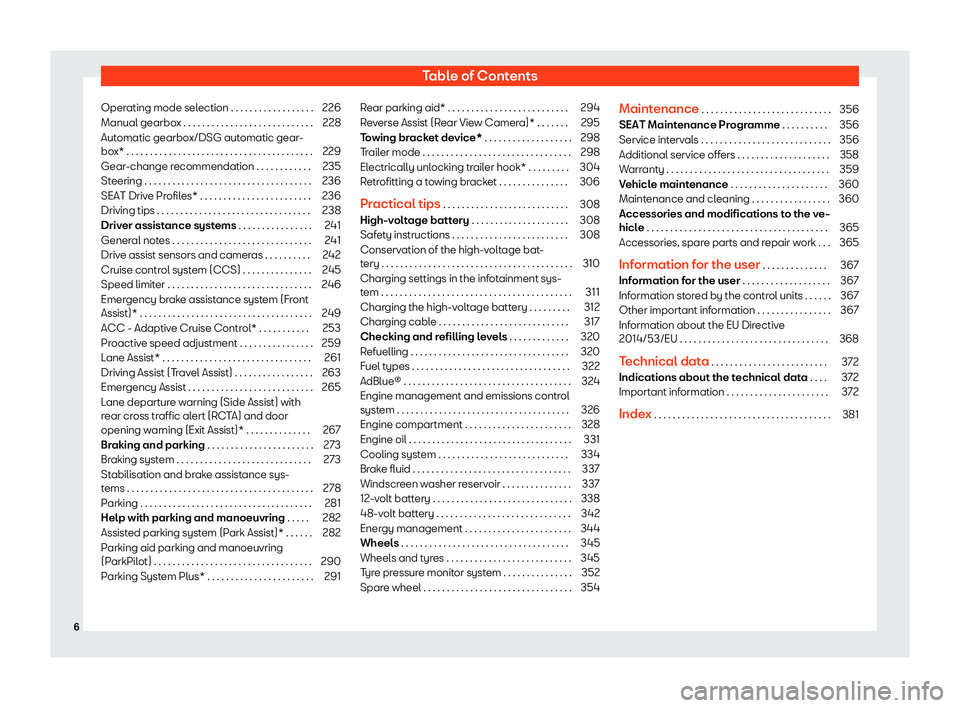 Seat Leon Sportstourer 2020  Owners manual Table of Contents
Operating mode selection . . . . . . . . . . . . . . . . . . 226
Manual gearbox . . . . . . . . . . . . . . . . . . . . . . . . . . . . 228
Automatic gearbox/DSG automatic gear-
bo x