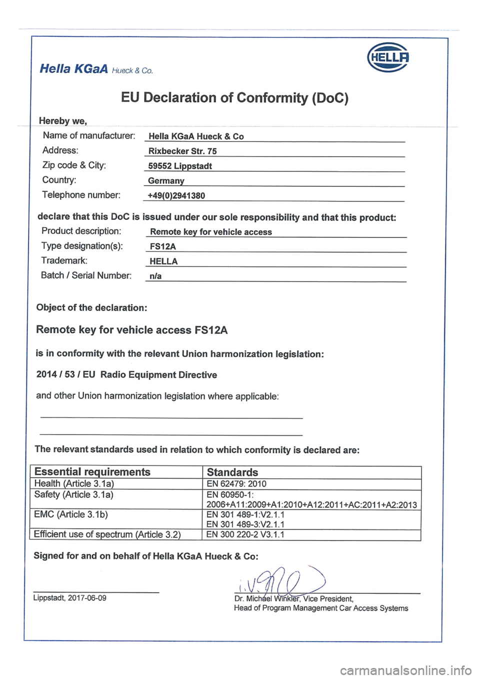 Seat Leon 2019  Directive 2014/53/EU Remote control key 