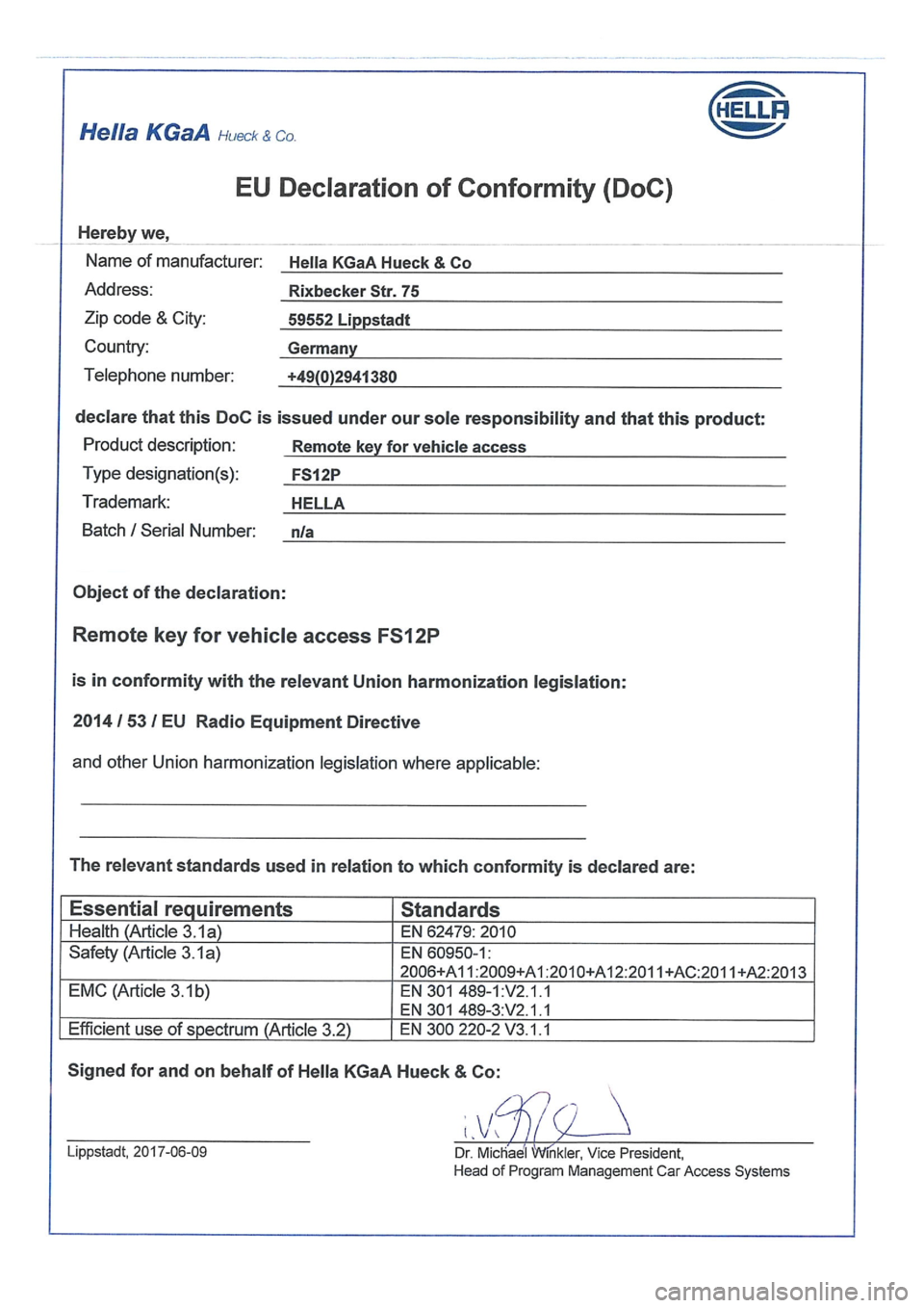 Seat Leon 2019  Directive 2014/53/EU Remote control key 
