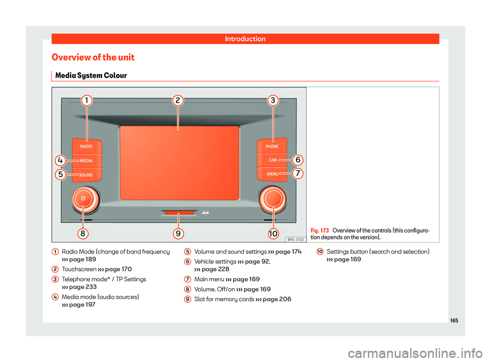 Seat Leon Sportstourer 2019  Owners manual Introduction
Overview of the unit Media Syst em Col
our Fig. 173 
Overview of the controls (this configura-
tion depends on the v ersion).Radio Mode (change of band frequency
