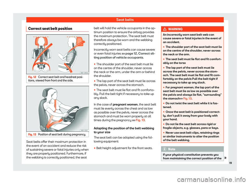 Seat Leon Sportstourer 2019 Owners Guide Seat belts
Correct seat belt position Fig. 12 
Correct seat belt and headrest posi-
tions, vie wed fr
om fr ont and the side
.Fig. 13 
Position of seat belt during pregnancy. Seat belts offer their ma