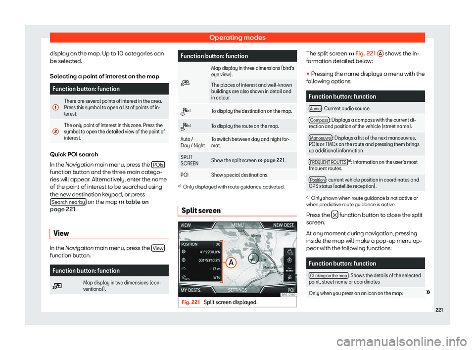 Seat Leon Sportstourer 2019  Owners manual Operating modes
display on the map. Up to 10 categories can
be sel ect
ed.
Sel ecting a point of int
er
est on the mapFunction button: function
1 There are several points of interest in the area.
Pres