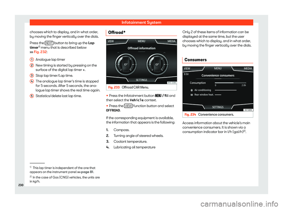 Seat Leon Sportstourer 2019  Owners manual Infotainment System
chooses which to display, and in what order,
by mo ving the finger v
ertically ov
er the dial
s.
Press the  NEXT  button to bring up the L
ap
timer 1)
 menu that is described bel o