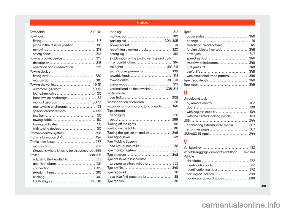 Seat Leon Sportstourer 2019  Owners manual Index
Tow cable . . . . . . . . . . . . . . . . . . . . . . . . . . . . . . . 310, 311
T o
w hook
fitting . . . . . . . . . . . . . . . . . . . . . . . . . . . . . . . . \
. . . . . . 31
7
pl
ace in t