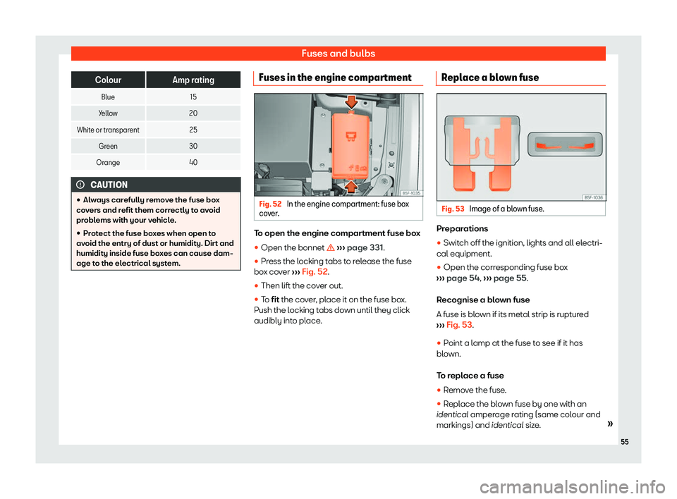Seat Leon Sportstourer 2019 Workshop Manual Fuses and bulbs
Colour
Amp rating
Blue 15
Yellow 20
White or transparent 25
Green 30
Orange 40CAUTION
