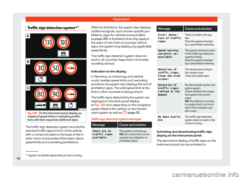 Seat Leon 2018  Owners manual Operation
Traffic sign detection system* 1)Fig. 130 
On the instrument panel display: ex-
ampl es of speed limits or o v
ertaking prohibi-
tions with their respective additional signs. The traffic sig