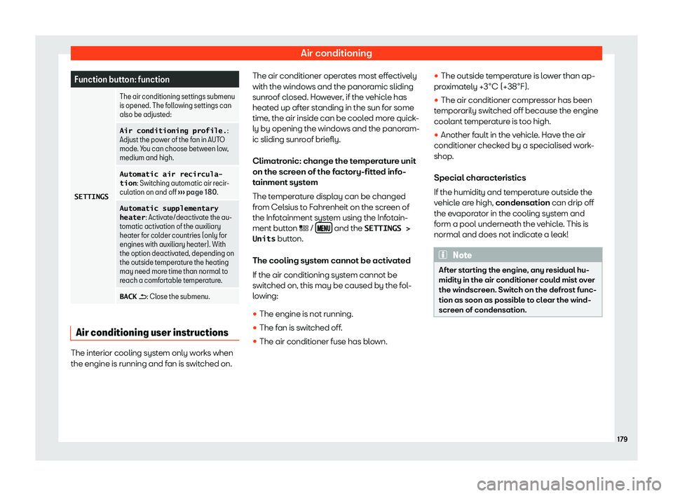 Seat Leon 2018  Owners manual Air conditioning
Function button: function
�S�E�T�T�I�N�G�S The air conditioning settings submenu
is opened. The foll
o
wing settings can
also be adjusted:
�A�i�r� �c�o�n�d�i�t�i�o�n�i�n�g� �p�r�o�f�i