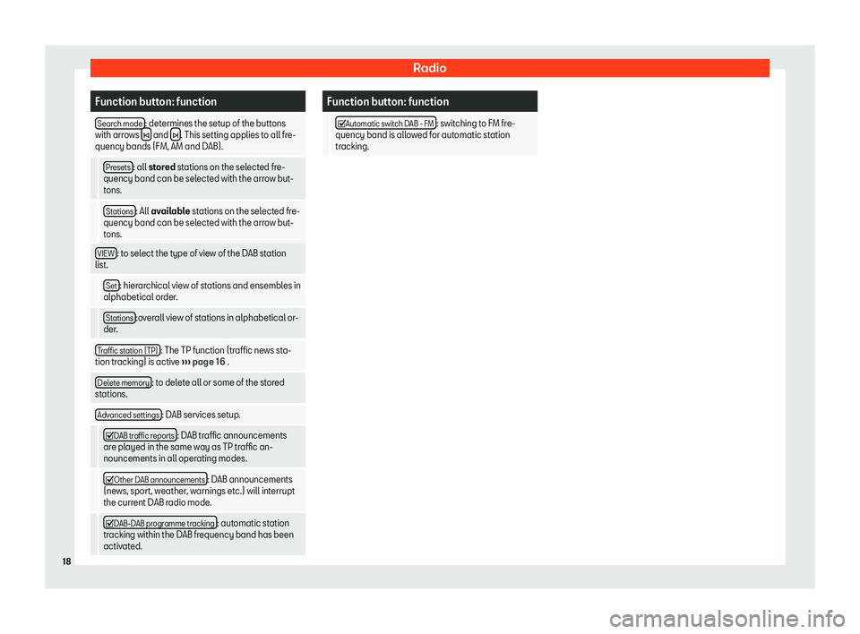 Seat Leon 2018  MEDIA SYSTEM TOUCH - COLOUR RadioFunction button: functionSearch mode: determines the setup of the buttons
with arrows  � and �. This setting applies to all fre-
quency bands (FM, AM and DAB). Presets: all  stored  station