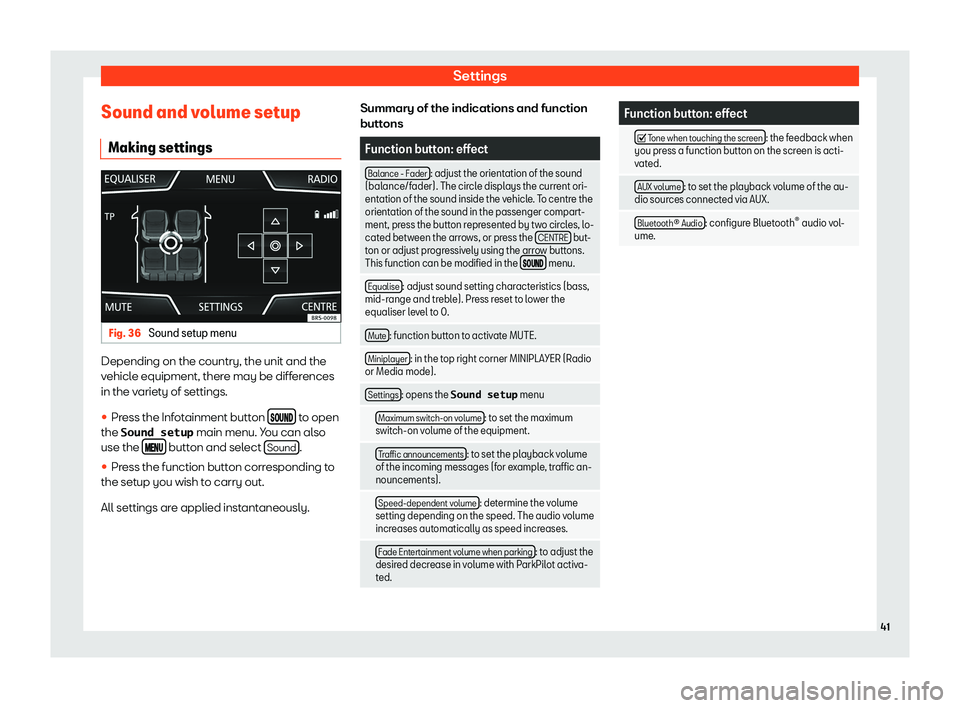 Seat Leon 2018  MEDIA SYSTEM TOUCH - COLOUR SettingsSound and volume setupMaking settingsFig. 36 
Sound setup menu
Depending on the country, the unit and the
vehicle equipment, there may be differences in the variety of settings.
