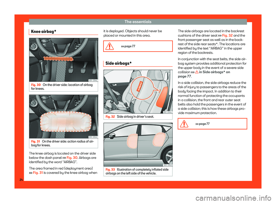 Seat Leon Sportstourer 2018 Owners Guide The essentials
Knee airbag* Fig. 30 
On the driver side: location of airbag
f or knees. Fig. 31 
On the driver side: action radius of air-
bag f or knees. The knee airbag is located on the driver side