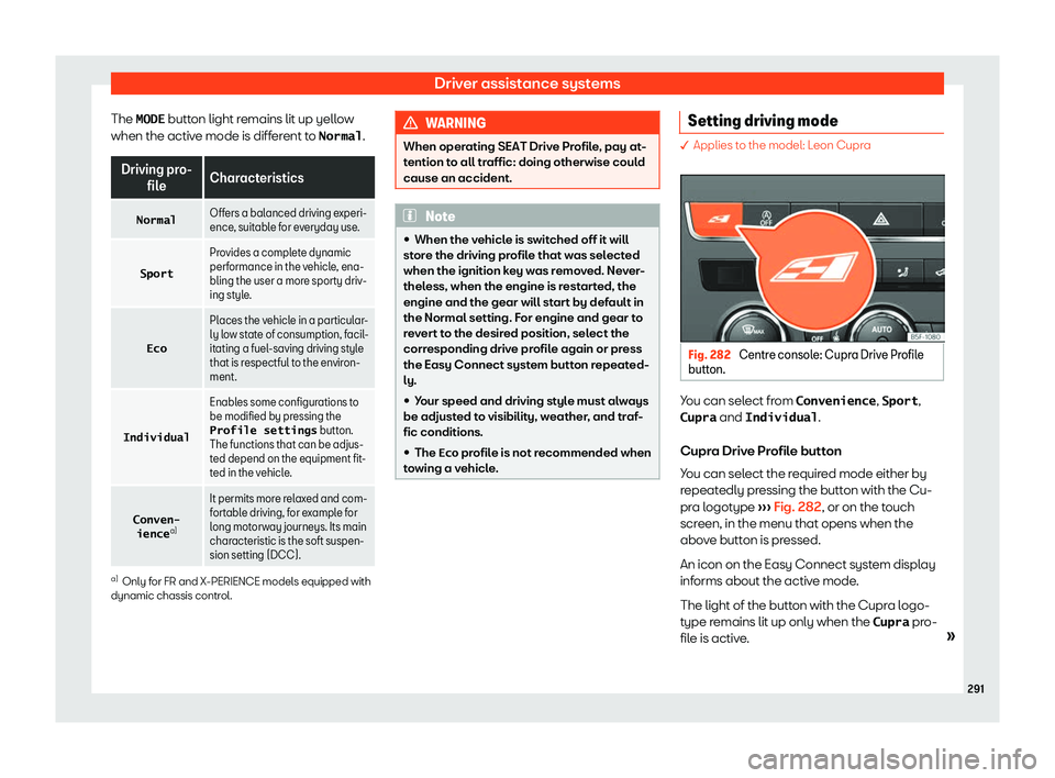 Seat Leon Sportstourer 2018  Owners manual Driver assistance systems
The �M�O�D�E  button light r
emains lit up yell ow
when the active mode is different to �N�o�r�m�a�l .Driving pro-
file Char
act

eristics
�N�o�r�m�a�l Offers a balanced driv