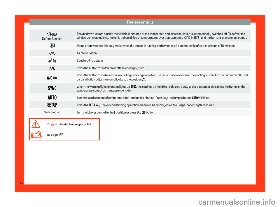 Seat Leon Sportstourer 2018 Service Manual The essentials
�
���
Defr ost function The air dr
awn in from outside the vehicle is directed at the windscreen and air recirculation is automatically switched off. To defrost the
windscre