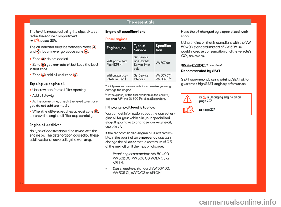 Seat Leon Sportstourer 2018 Service Manual The essentials
The level is measured using the dipstick loca-
t ed in the engine compartment
