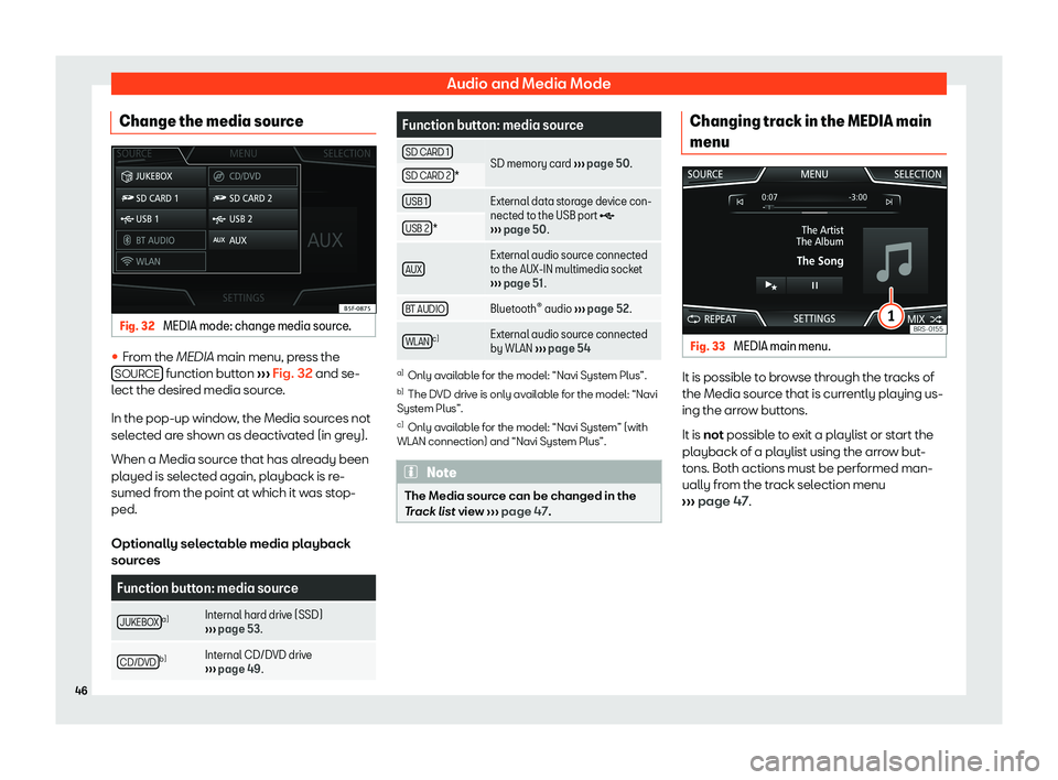 Seat Leon Sportstourer 2018  MEDIA SYSTEM PLUS - NAVI SYSTEM - NAVI SYSTEM PLUS Audio and Media ModeChange the media sourceFig. 32 
MEDIA mode: change media source.
