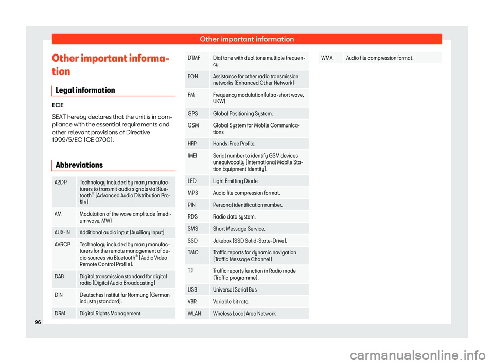 Seat Leon Sportstourer 2018  MEDIA SYSTEM PLUS - NAVI SYSTEM - NAVI SYSTEM PLUS Other important informationOther important informa-
tion
Legal information
ECE
SEAT hereby declares that the unit is in com- pliance with the essential requirements and
other relevant provisions of Di