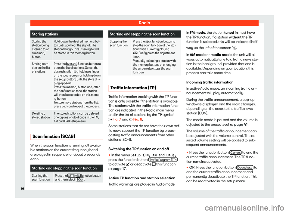 Seat Leon Sportstourer 2018  MEDIA SYSTEM TOUCH - COLOUR RadioStoring stationsStoring the
station being
listened to on
a memory
buttonHold down the desired memory but- ton until you hear the signal. The
station that you are listening to will
be stored in th