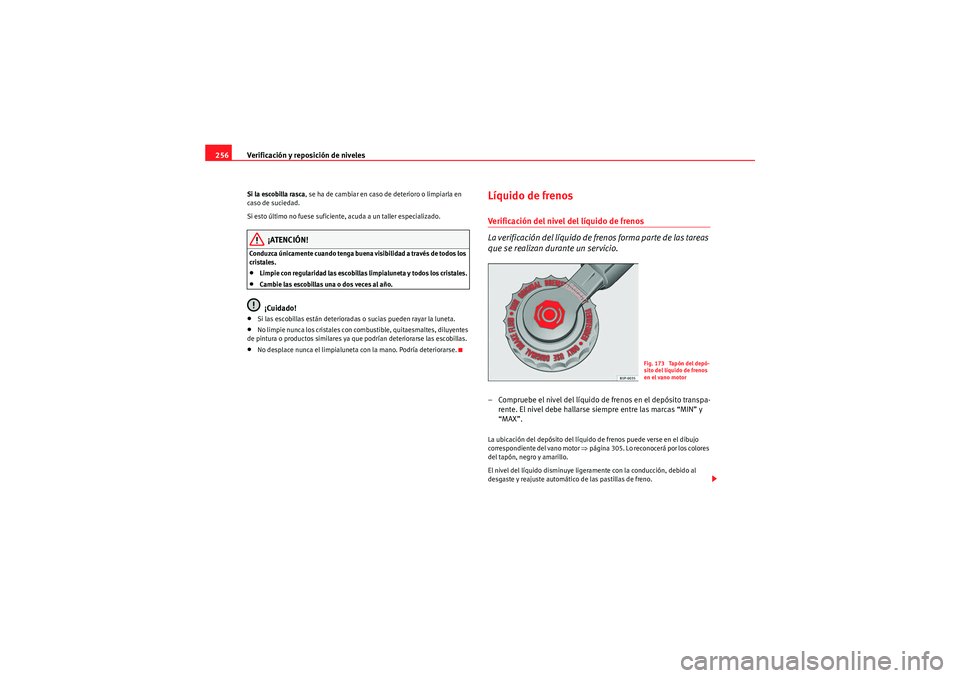 Seat Altea XL 2011 Manual del propietario (in Spanish) Verificación y reposición de niveles
256Si la escobilla rasca , se ha de cambiar en caso de deterioro o limpiarla en
caso de suciedad.
Si esto último no fuese suficiente, acuda a un taller especia Seat Altea XL 2011 Manual del propietario (in Spanish) Verificación y reposición de niveles
256Si la escobilla rasca , se ha de cambiar en caso de deterioro o limpiarla en
caso de suciedad.
Si esto último no fuese suficiente, acuda a un taller especia