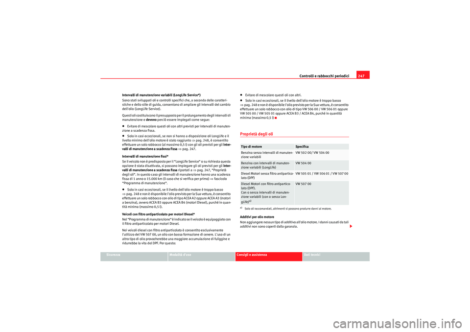 Seat Altea XL 2011 Manuale del proprietario (in Italian) Controlli e rabbocchi periodici247
Sicurezza
Modalità duso
Consigli e assistenza
Dati tecnici
Intervalli di manutenzione variabili (LongLife Service*)
Sono stati sviluppati oli e controlli specifici Seat Altea XL 2011 Manuale del proprietario (in Italian) Controlli e rabbocchi periodici247
Sicurezza
Modalità duso
Consigli e assistenza
Dati tecnici
Intervalli di manutenzione variabili (LongLife Service*)
Sono stati sviluppati oli e controlli specifici