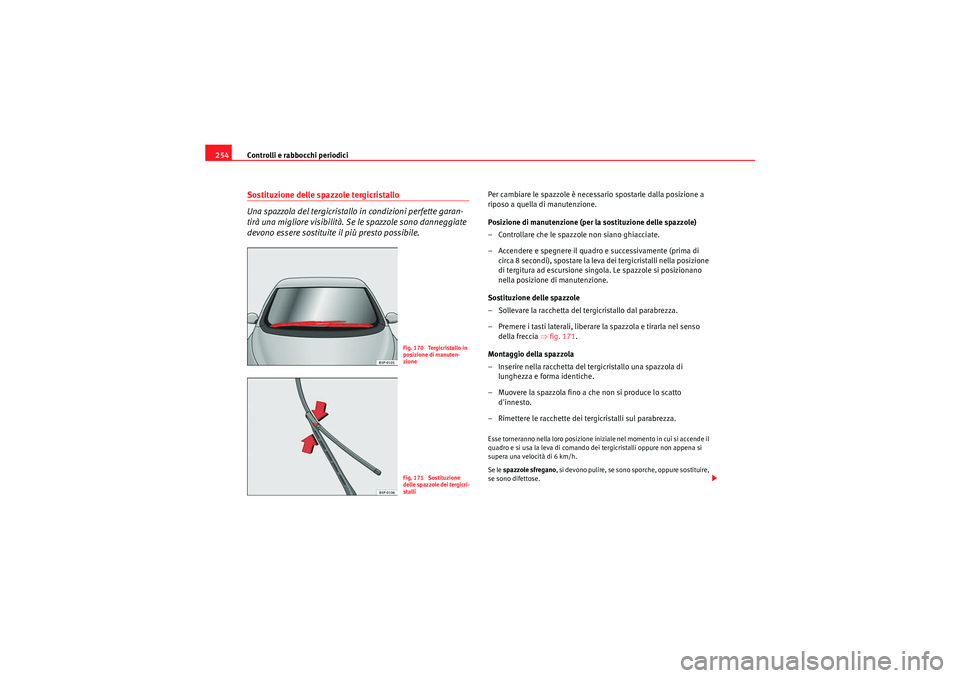 Seat Altea XL 2011  Manuale del proprietario (in Italian) Controlli e rabbocchi periodici
254Sostituzione delle spazzole tergicristallo
Una spazzola del tergicristallo in condizioni perfette garan-
tirà una migliore visibilità. Se le spazzole sono danneggi