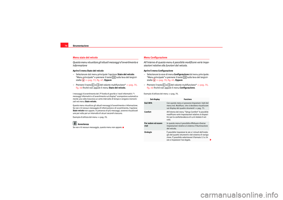 Seat Altea XL 2011 Manuale del proprietario (in Italian) Strumentazione
76Menu stato del veicolo
Questo menu visualizza gli attuali messaggi davvertimento e
informazioneAprire il menu Stato del veicolo
– Selezionare dal menu principale lopzione Stato Seat Altea XL 2011 Manuale del proprietario (in Italian) Strumentazione
76Menu stato del veicolo
Questo menu visualizza gli attuali messaggi davvertimento e
informazioneAprire il menu Stato del veicolo
– Selezionare dal menu principale lopzione Stato