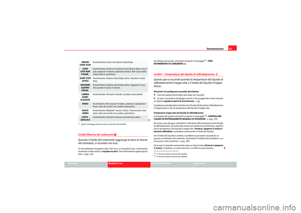 Seat Altea XL 2011  Manuale del proprietario (in Italian) Strumentazione85
Sicurezza
Modalità duso
Consigli e assistenza
Dati tecnici
Livello/Riserva del carburante 
�z
Quando il livello del carburante raggiunge la zona di riserva 
del serbatoio, si accend