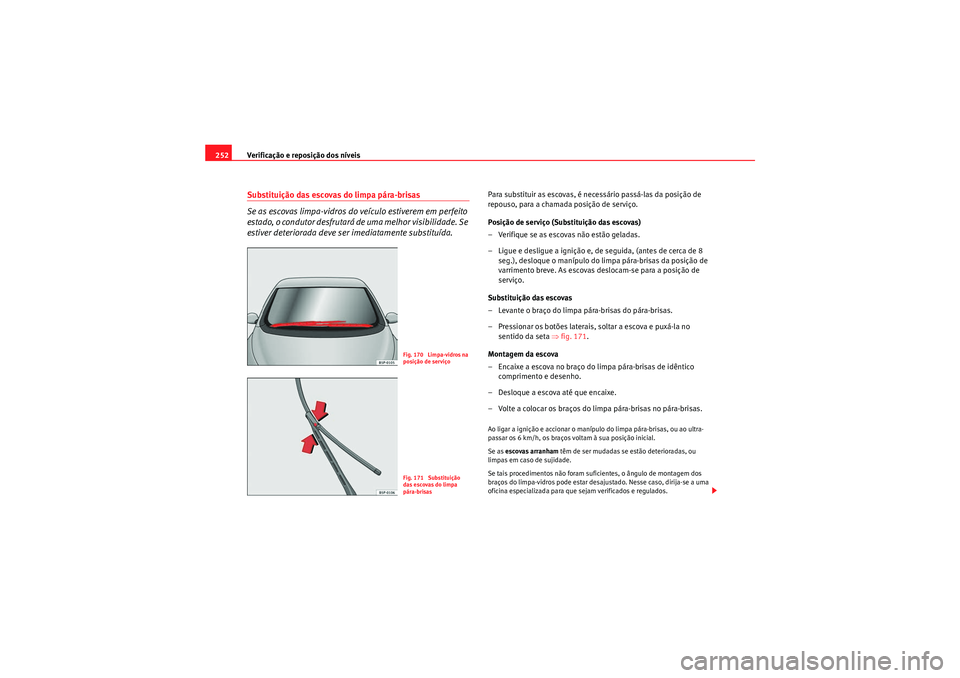 Seat Altea XL 2011  Manual do proprietário (in Portuguese)  Verificação e reposição dos níveis
252Substituição das escovas do limpa pára-brisas
Se as escovas limpa-vidros do veículo estiverem em perfeito 
estado, o condutor desfrutará de uma melhor v