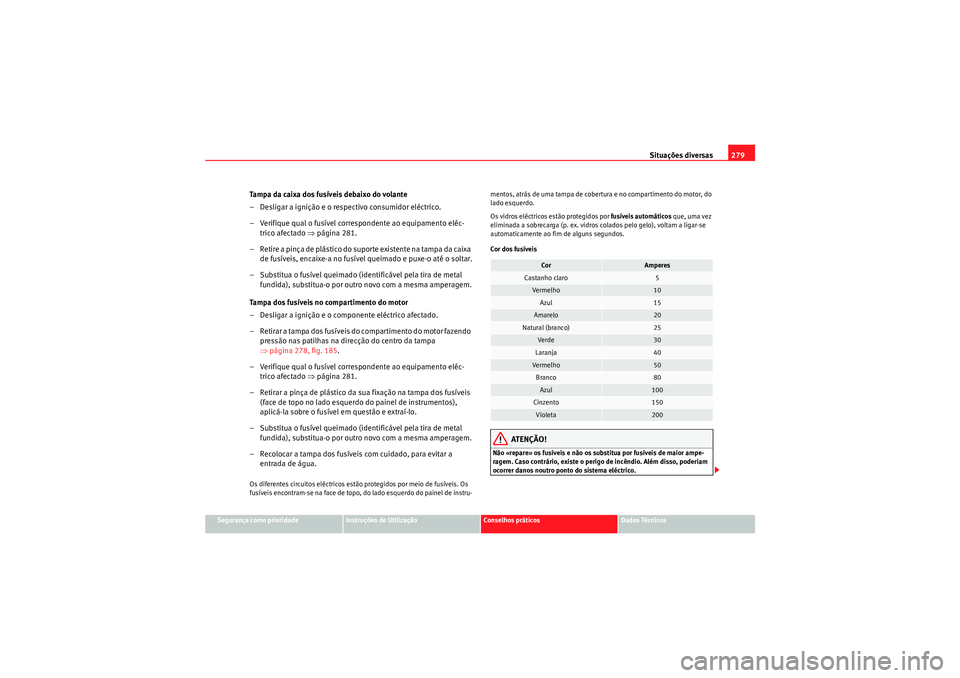 Seat Altea XL 2011 Manual do proprietário (in Portuguese) Situações diversas279
Segurança como prioridade
Instruções de Utilização
Conselhos práticos
Dados Técnicos
Tampa da caixa dos fusÃveis debaixo do volante
– Desligar a ignição e o respect Seat Altea XL 2011 Manual do proprietário (in Portuguese) Situações diversas279
Segurança como prioridade
Instruções de Utilização
Conselhos práticos
Dados Técnicos
Tampa da caixa dos fusÃveis debaixo do volante
– Desligar a ignição e o respect
