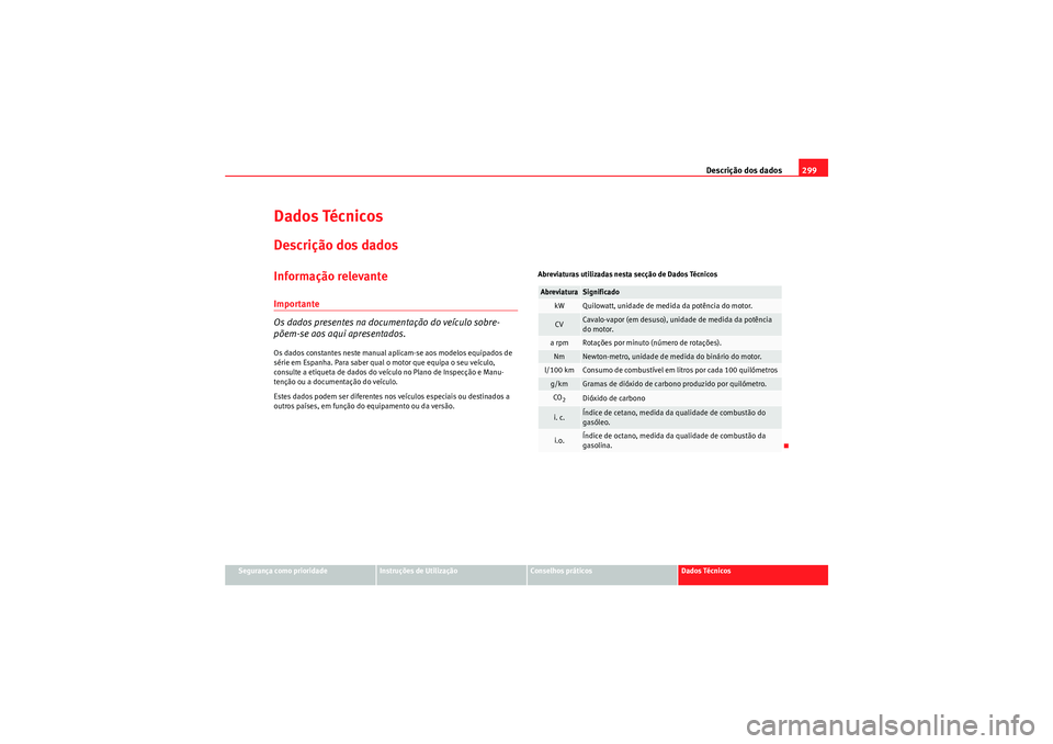 Seat Altea XL 2011 Manual do proprietário (in Portuguese) Descrição dos dados299
Segurança como prioridade
Instruções de Utilização
Conselhos práticos
Dados Técnicos
Dados TécnicosDescrição dos dadosInformação relevanteImportante
Os dados prese Seat Altea XL 2011 Manual do proprietário (in Portuguese) Descrição dos dados299
Segurança como prioridade
Instruções de Utilização
Conselhos práticos
Dados Técnicos
Dados TécnicosDescrição dos dadosInformação relevanteImportante
Os dados prese