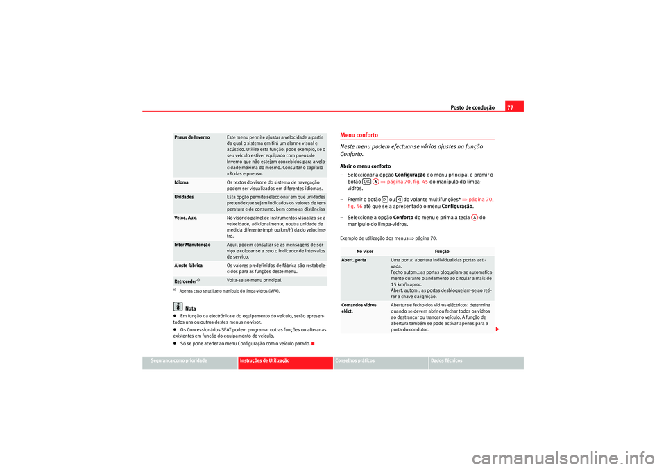 Seat Altea XL 2011  Manual do proprietário (in Portuguese)  Posto de condução77
Segurança como prioridade
Instruções de Utilização
Conselhos práticos
Dados Técnicos
Nota
•Em função da electrónica e do equipamento do veículo, serão apresen-
tado