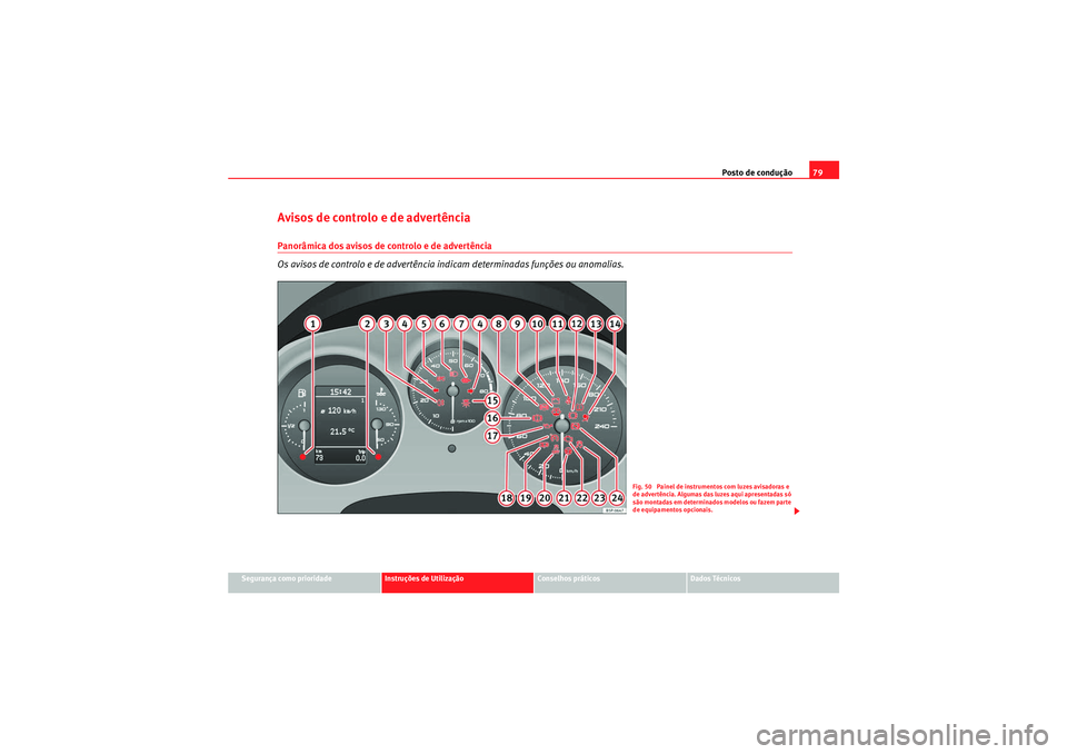 Seat Altea XL 2011  Manual do proprietário (in Portuguese)  Posto de condução79
Segurança como prioridade
Instruções de Utilização
Conselhos práticos
Dados Técnicos
Avisos de controlo e de advertênciaPanorâmica dos avisos de controlo e de advertênc