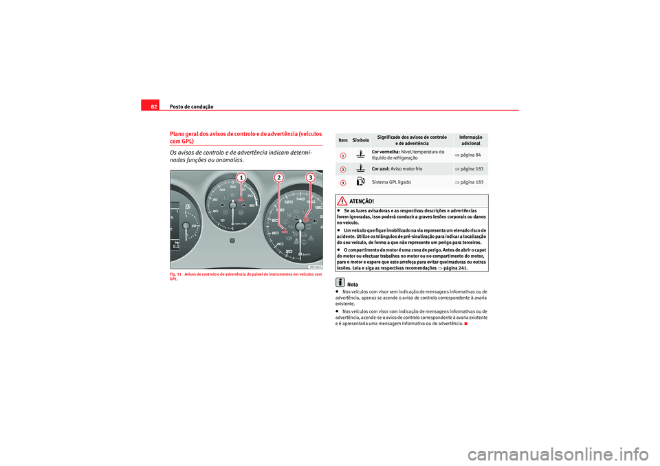 Seat Altea XL 2011  Manual do proprietário (in Portuguese)  Posto de condução
82Plano geral dos avisos de controlo e de advertência (veículos com GPL)
Os avisos de controlo e de advertência indicam determi-
nadas funções ou anomalias.Fig. 51  Avisos de 