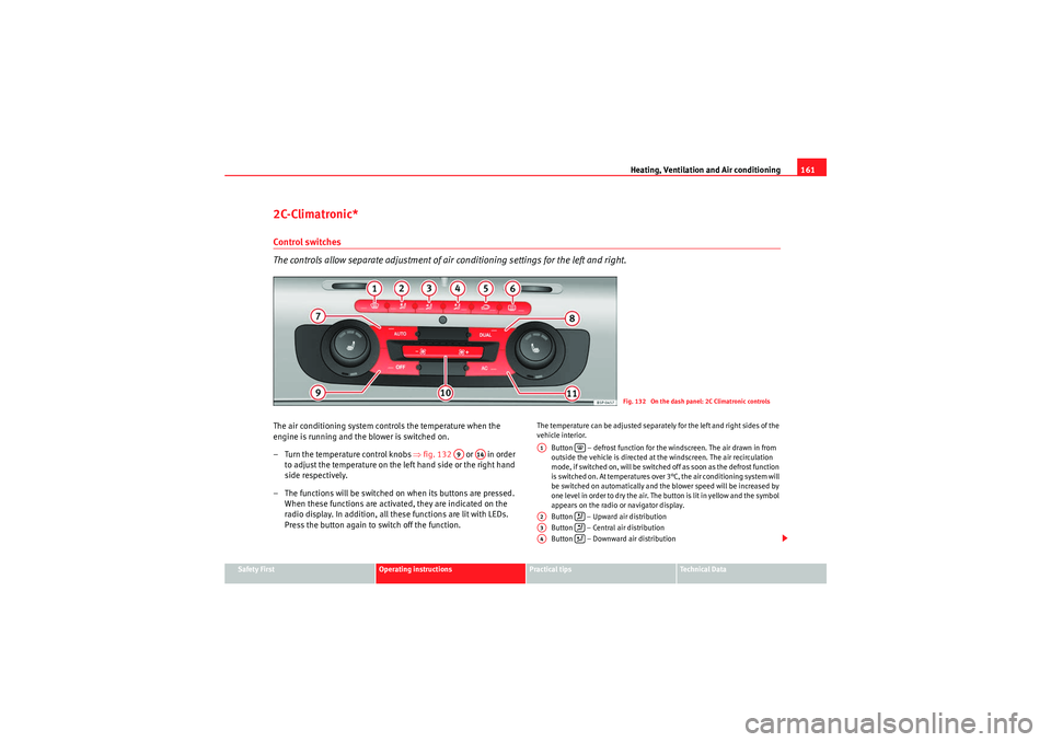 Seat Altea XL 2010  Owners Manual Heating, Ventilation and Air conditioning161
Safety First
Operating instructions
Practical tips
Technical Data
2C-Climatronic*Control switches
The controls allow separate adjustment of air conditionin