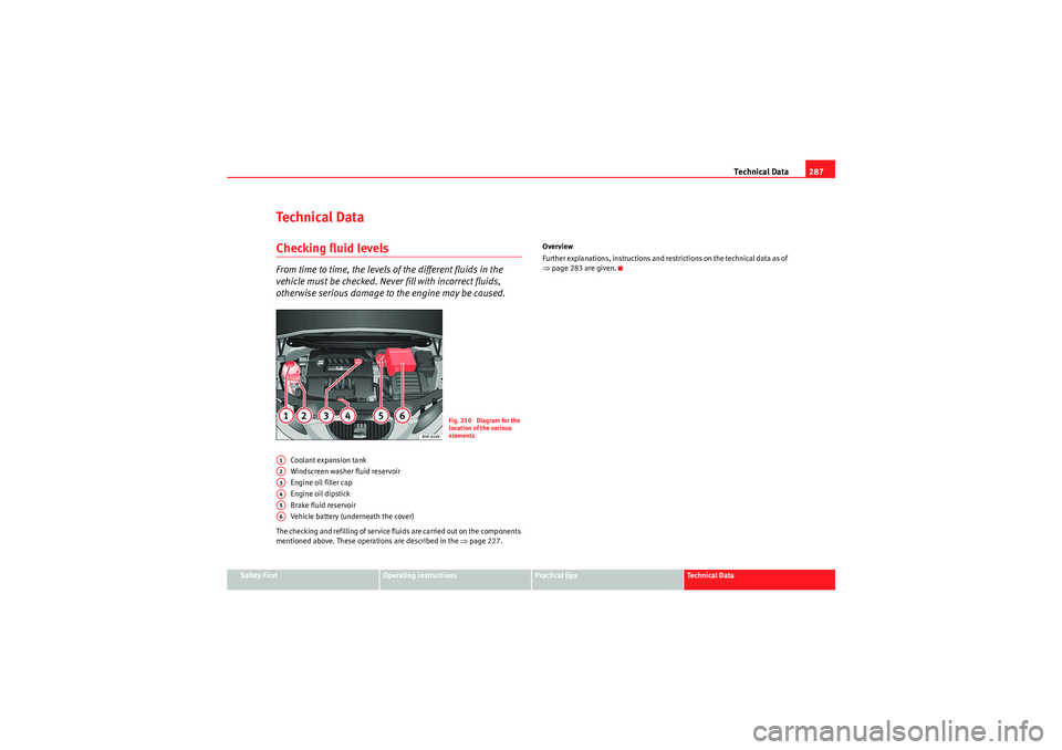 Seat Altea XL 2010 Owners Manual Technical Data287
Safety First
Operating instructions
Practical tips
Technical Data
Te c h n i c a l D a t aChecking fluid levelsFrom time to time, the levels of the different fluids in the
vehicle Seat Altea XL 2010 Owners Manual Technical Data287
Safety First
Operating instructions
Practical tips
Technical Data
Te c h n i c a l D a t aChecking fluid levelsFrom time to time, the levels of the different fluids in the
vehicle