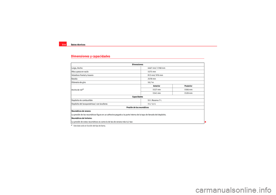 Seat Altea XL 2010  Manual del propietario (in Spanish) Datos técnicos
314Dimensiones y capacidades
Dimensiones
Largo, Ancho 4467 mm/ 1768 mm
Alto a peso en vacío 1575 mm
Voladizos frontal y trasero 913 mm/ 976 mm
Batalla 2578 mm
Diámetro de giro 10,7 m