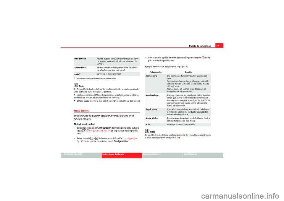 Seat Altea XL 2010  Manual del propietario (in Spanish) Puesto de conducción77
Seguridad ante todo
Instrucciones de Manejo
Consejos prácticos
Datos Técnicos
Nota
•En función de la electrónica y del equipamiento del vehículo aparecerán 
unos u otro