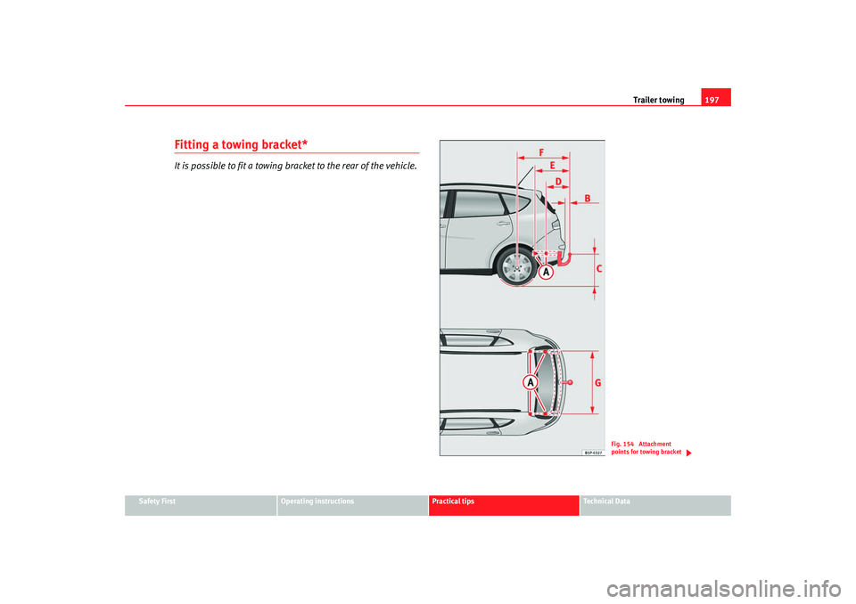 Seat Altea XL 2009 Owners Manual Trailer towing197
Safety First
Operating instructions
Practical tips
Te c h n i c a l D a t a
Fitting a towing bracket*It is possible to fit a towing bracket to the rear of the vehicle.
Fig. 154 Att Seat Altea XL 2009 Owners Manual Trailer towing197
Safety First
Operating instructions
Practical tips
Te c h n i c a l D a t a
Fitting a towing bracket*It is possible to fit a towing bracket to the rear of the vehicle.
Fig. 154 Att