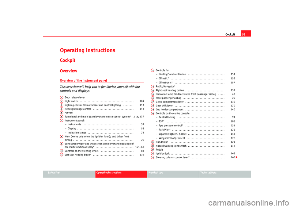 Seat Altea XL 2009  Owners Manual Cockpit53
Safety First
Operating instructions
Practical tips
Te c h n i c a l  D a t a
Operating instructionsCockpitOverviewOverview of the instrument panel
This overview will help you to  familiarise