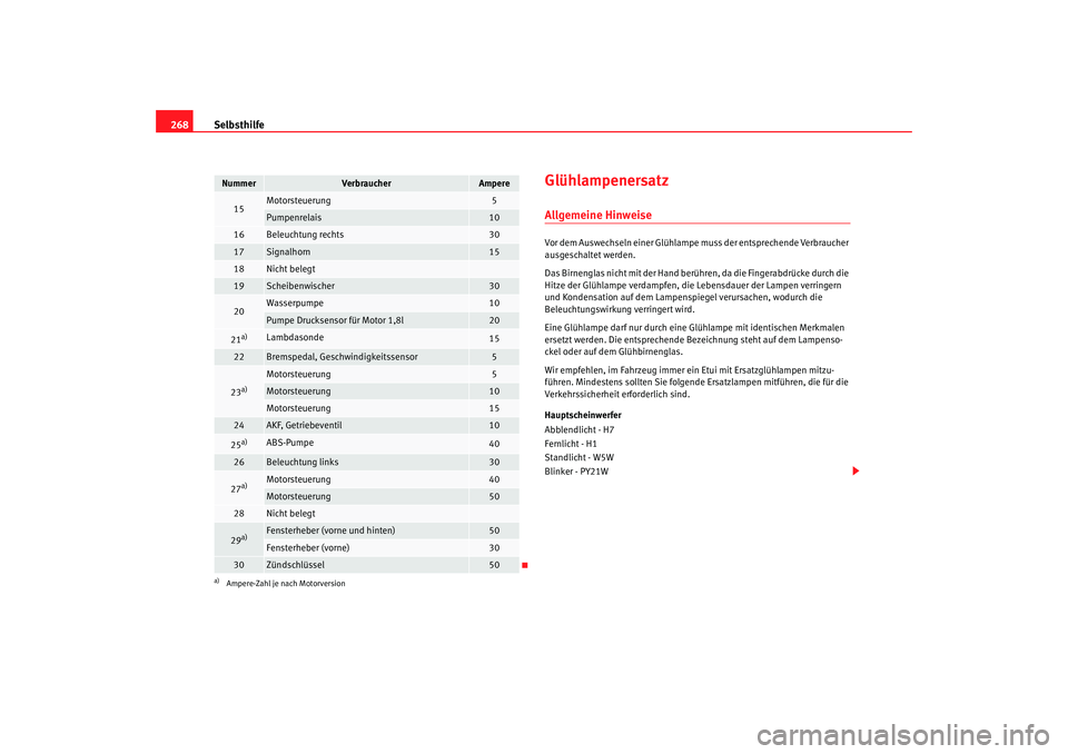 Seat Altea XL 2009 Betriebsanleitung (in German) Selbsthilfe
268
Glühlampenersatz Allgemeine HinweiseVor dem Auswechseln einer Glühlampe muss der entsprechende Verbraucher
ausgeschaltet werden.
Das Birnenglas nicht mit der Hand berühr en, da di Seat Altea XL 2009 Betriebsanleitung (in German) Selbsthilfe
268
Glühlampenersatz Allgemeine HinweiseVor dem Auswechseln einer Glühlampe muss der entsprechende Verbraucher
ausgeschaltet werden.
Das Birnenglas nicht mit der Hand berühr en, da di
