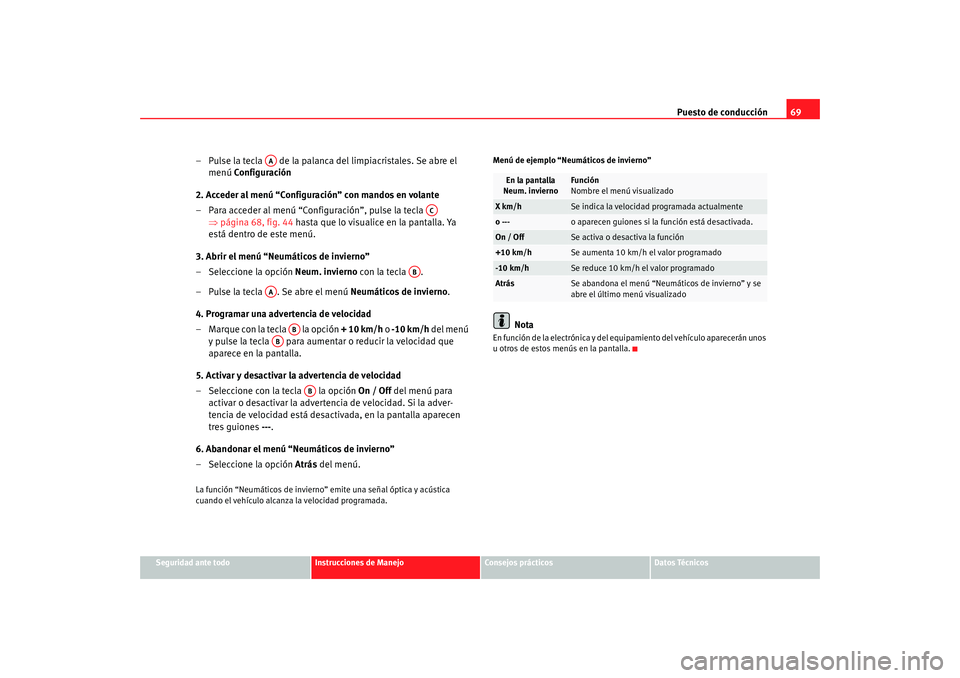 Seat Altea XL 2009 Manual del propietario (in Spanish) Puesto de conducción69
Seguridad ante todo
Instrucciones de Manejo
Consejos prácticos
Datos Técnicos
– Pulse la tecla de la palanca del limpiacristales. Se abre el
menú Configuración
2. Acc Seat Altea XL 2009 Manual del propietario (in Spanish) Puesto de conducción69
Seguridad ante todo
Instrucciones de Manejo
Consejos prácticos
Datos Técnicos
– Pulse la tecla de la palanca del limpiacristales. Se abre el
menú Configuración
2. Acc